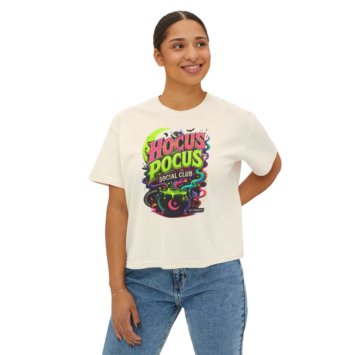 Hocus Pocus Social Club Boxy Tee — Neon Witchy Halloween Shirt