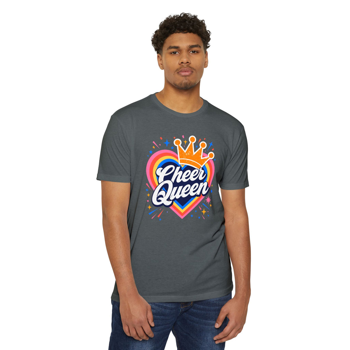 Cheer Queen T-Shirt — Colorful Heart Crown Cheerleader Tee