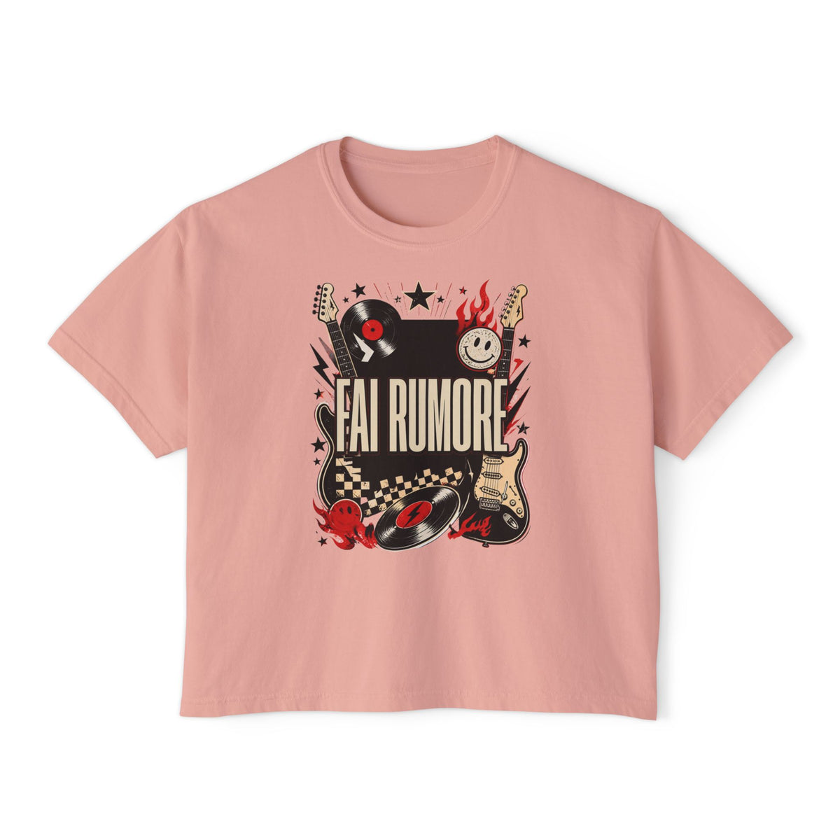 Fai Rumore Graphic Boxy Tee - Vintage Rock Guitar & Vinyl Shirt