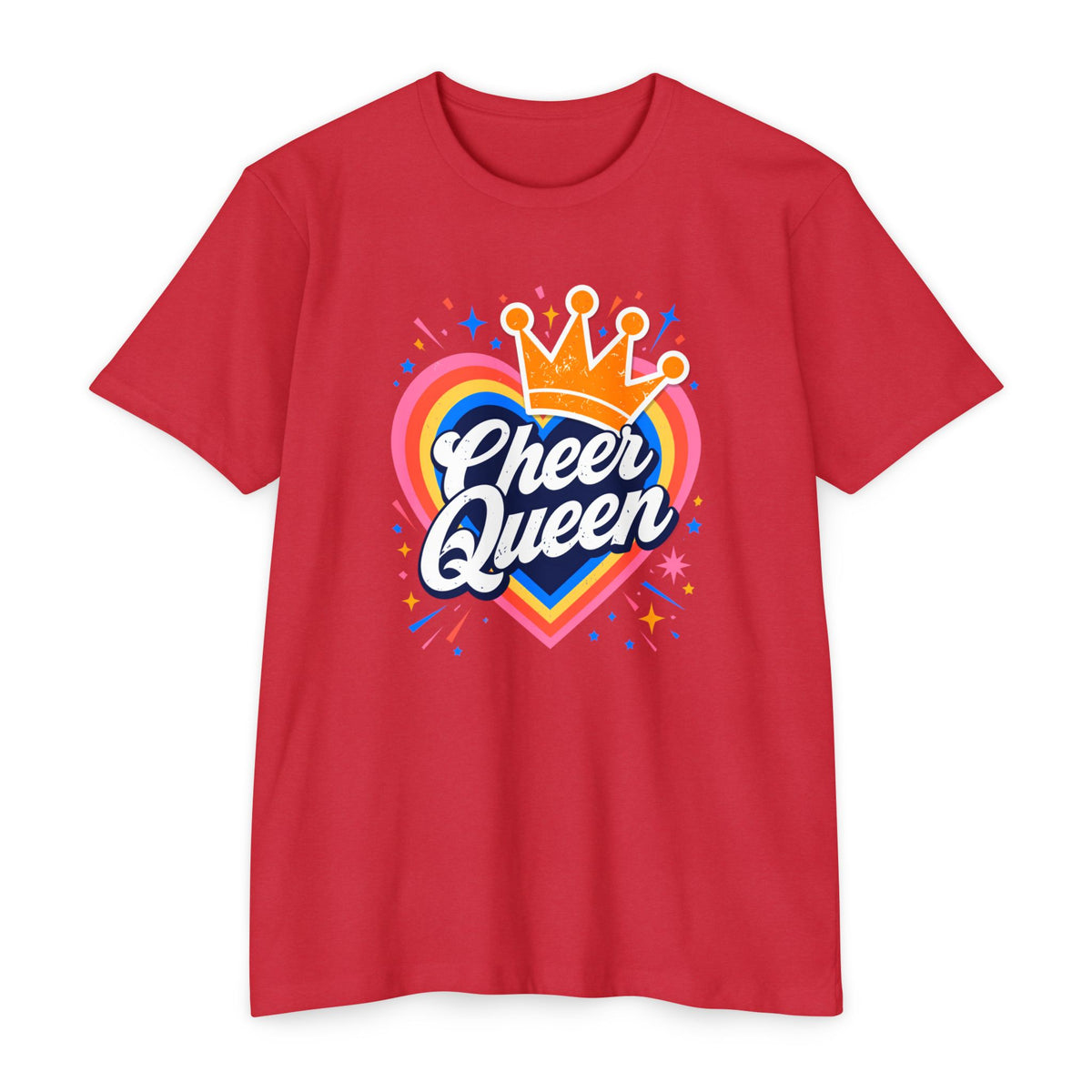 Cheer Queen T-Shirt — Colorful Heart Crown Cheerleader Tee