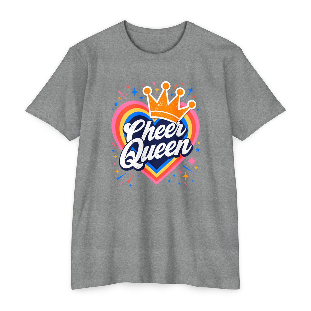 Cheer Queen T-Shirt — Colorful Heart Crown Cheerleader Tee