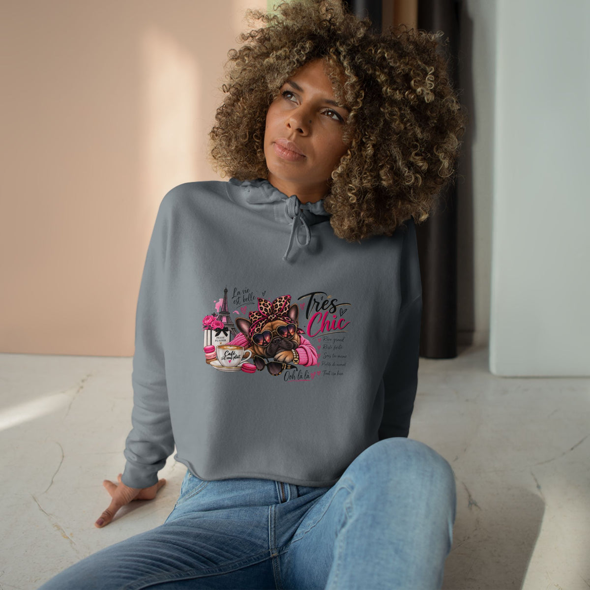 Chic Pug Crop Hoodie — "Très Chic" Fashion Dog Graphic