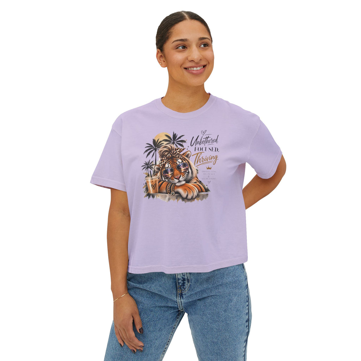 Women's Boxy Tee — 'Untethered I Flourish Thriving' Tiger Palm Graphic Tee