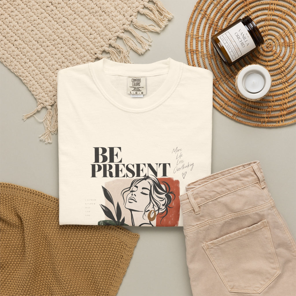 Be Present Graphic Tee — Minimalist Woman Illustration T-Shirt
